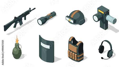 Isometric military gear set: helmet, rifle, grenade, flashlight, shield, headset