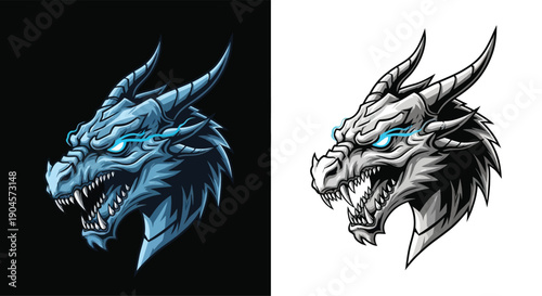 Fierce blue and grayscale dragon head illustration with glowing eyes and sharp teeth, perfect for gaming or mascot designs.