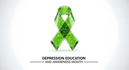 vibrant green faceted ribbon symbolizing mental health support for depression education and awareness month on white background.