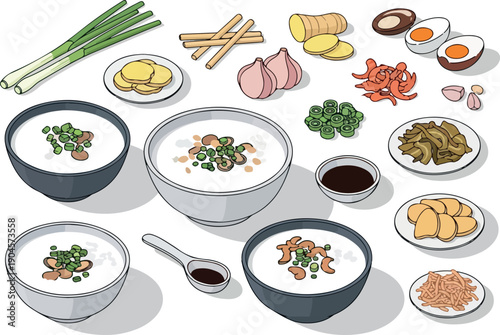 A collection of appetizing and healthy Asian congee dishes with fresh ingredients and side dishes, perfect for a nutritious meal