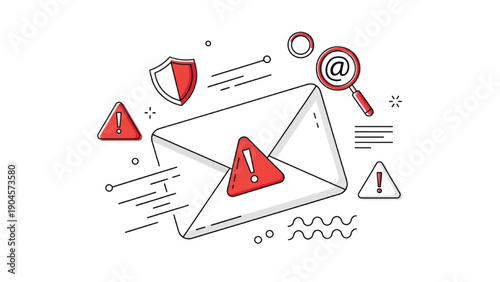 Email security concept with red warning signs and email icon