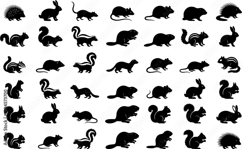Fototapeta premium Small woodland animal silhouette collection featuring rabbits, squirrels, skunks, beavers, mice, and porcupines in multiple poses isolated on white background