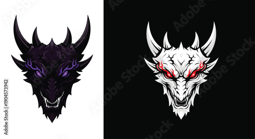 Two stylized dragon heads, one dark with purple glow, the other white with red eyes, against contrasting backgrounds.