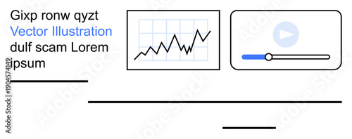 Data analysis, digital marketing, business presentations, online media, technology, web design. Line graph, play icon and text on a clean layout. Data analysis and online media concept