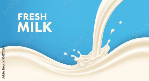 Splash of fresh milk on a blue background with wave design