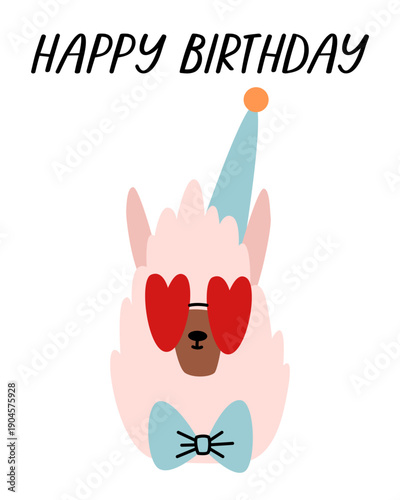 Cute llama. Birthday greeting card. Vector cartoon illustration.