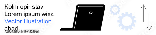 Technology, process automation, workflow, productivity, collaboration, business efficiency. Black laptop and blue gear icons with directional arrows. Technology and process automation visualization