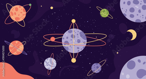 Colorful Cartoon Planets and Moons in Space.