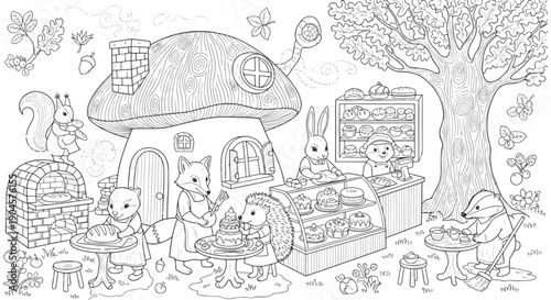 Whimsical Forest Bakery with Woodland Animals Baking and Selling Treats Coloring Page