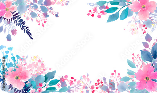 Vibrant pink watercolor floral frame with blue botanical leaves and berries for artistic wedding invitations greeting cards posters and sophisticated summer garden themed event stationary