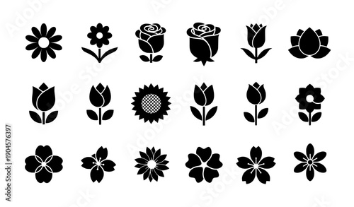 Black minimal flower icon set with simple floral symbols in flat vector style