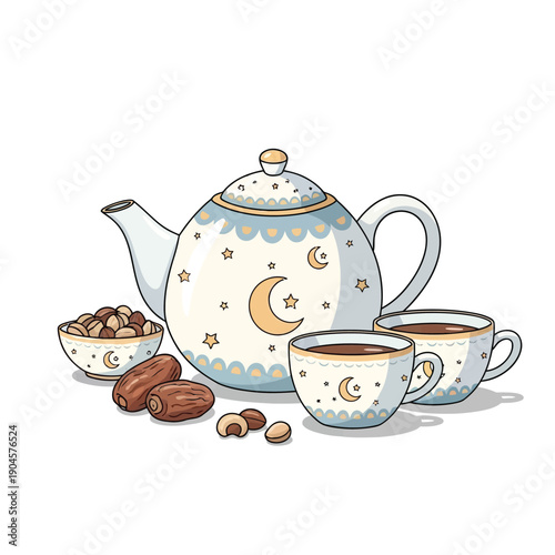 Elegant celestial-themed tea set with nourishing dates and nuts, perfectly arranged for a peaceful evening ritual or a special cultural gathering