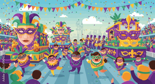 Mardi Gras Parade Floats and Dancers.