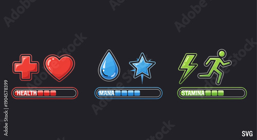 Video Game HUD Icons: Health, Mana, Stamina Bars