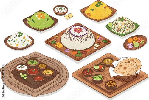 A vibrant assortment of delicious Indian dishes and accompaniments, beautifully presented on wooden platters