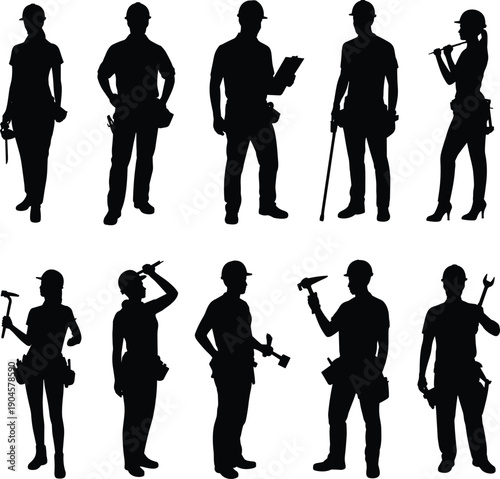 Set of construction worker silhouettes showing professional builders with tools, safety equipment, and working poses, isolated on white background for industry and labor concepts