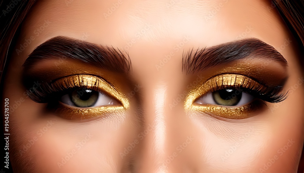 Naklejka premium Close-up of a woman's eyes adorned with luxurious shimmering gold eyeshadow and dramatic false eyelashes, highlighting the beauty of makeup artistry