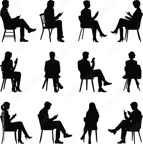 Silhouettes of people sitting on chairs using smartphones and tablets, modern digital communication concept, social media addiction, remote work, technology lifestyle illustration