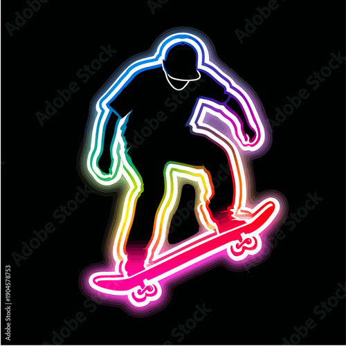 Neon glowing skateboarder silhouette in multicolor outline – modern street sports vector illustration SVG