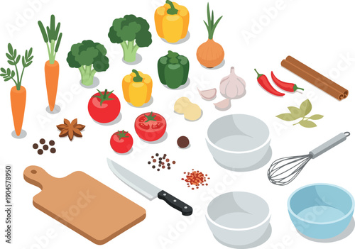 Vibrant assortment of fresh vegetables, spices, and kitchen utensils, perfect for culinary inspiration and healthy cooking