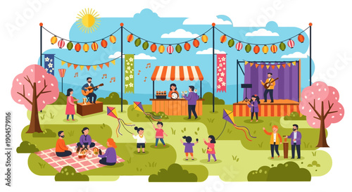 Vibrant Outdoor Festival Scene with People Enjoying.