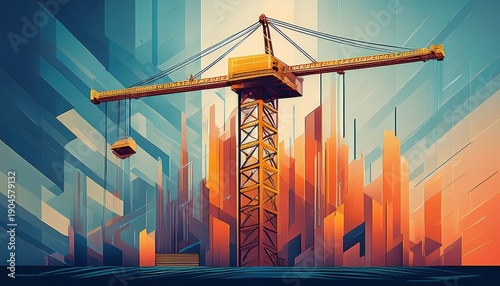 Abstract cityscape with a construction crane lifting a building block