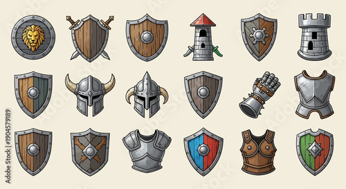 Medieval Shields, Helmets, Armor, and Castle Tower Icons