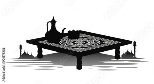 Traditional middle eastern tea setup on ornate table with mosque silhouette