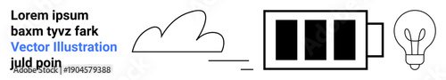 Sustainability, renewable energy, technology, innovation, eco-friendly design, energy storage. Minimalist design with a cloud, battery and lightbulb. Renewable energy and sustainability concepts