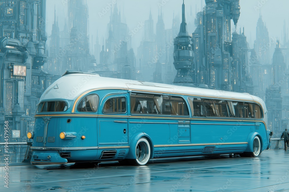 Obraz premium A vision of the future with a retro-futuristic cityscape featuring an elongated vintage bus.