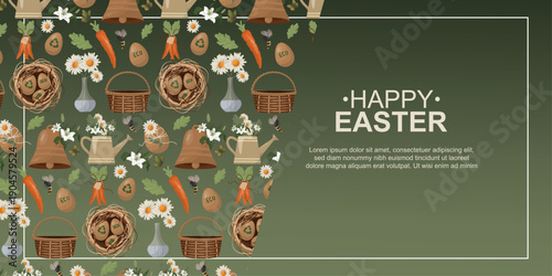 Eco Happy Easter Pattern Greeting Banner. Eco themed Happy Easter banner with repeating spring pattern of eggs, flowers, baskets and garden tools. perfect seasonal header or card. Vector illustration