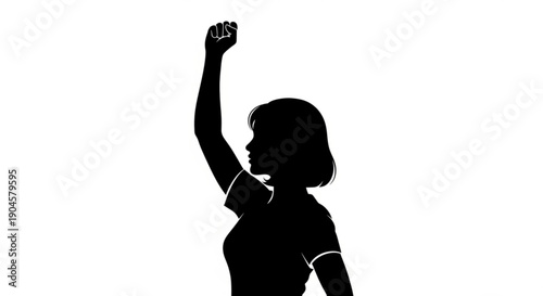 Woman in silhouette with raised fist in air symbolizing empowerment and strength