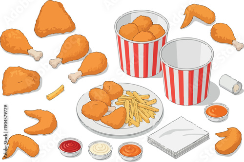 A collection of delicious fried chicken pieces and french fries in buckets and containers, accompanied by dipping sauces