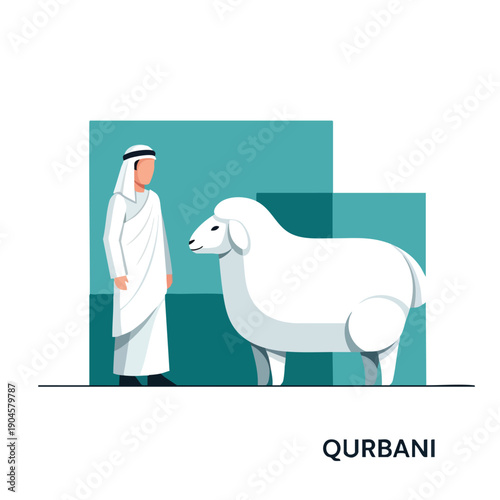 Qurbani celebration, Muslim man, sheep, flat vector illustration, Eid al-Adha concept.