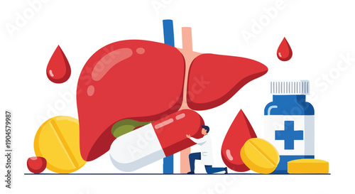 Liver Health Medical Treatment. Hepatitis Disease Awareness. Flat Vector Illustration. Healthcare Pharmacology.