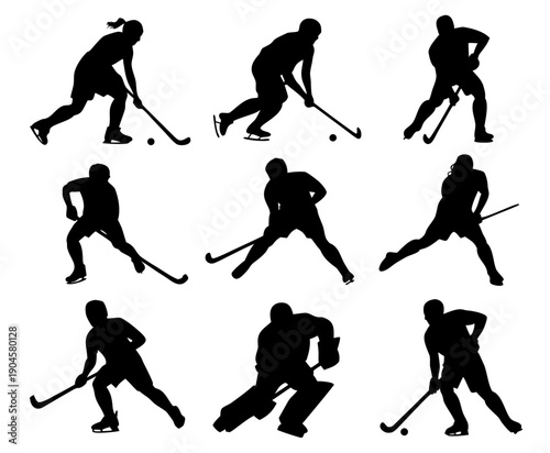 Ice hockey silhouette set,Black silhouette set of hockey players in action poses, dribbling ,tackling silhouette set