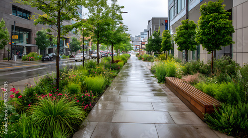 A Modern Urban Streetscape Featuring Rain Gardens and Bioswales for Stormwater Management