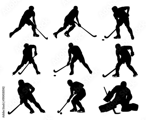 Ice hockey silhouette set,Black silhouette set of hockey players in action poses, dribbling ,tackling silhouette set