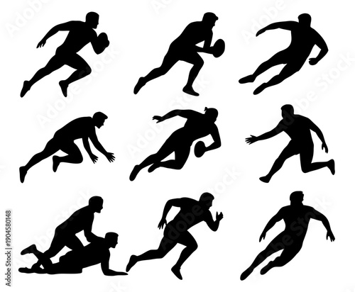 Black silhouette set of rugby players in action poses, running with ball, tackling, passing silhouette set