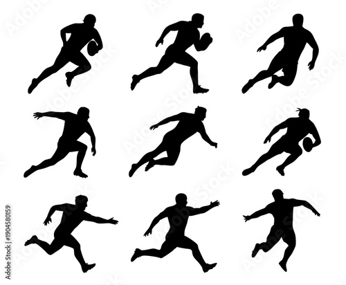 Black silhouette set of rugby players in action poses, running with ball, tackling, passing silhouette set