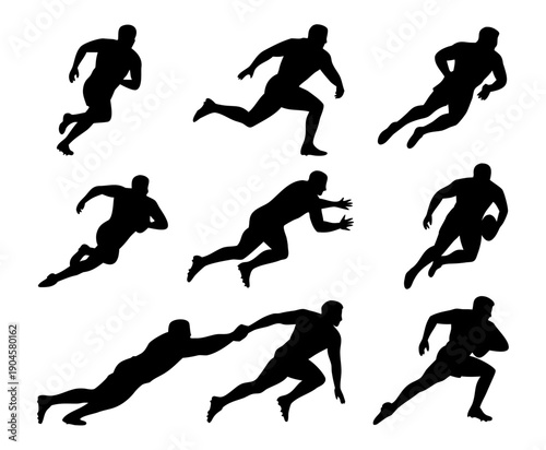 Black silhouette set of rugby players in action poses, running with ball, tackling, passing silhouette set