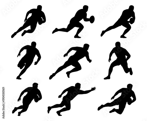 Black silhouette set of rugby players in action poses, running with ball, tackling, passing silhouette set