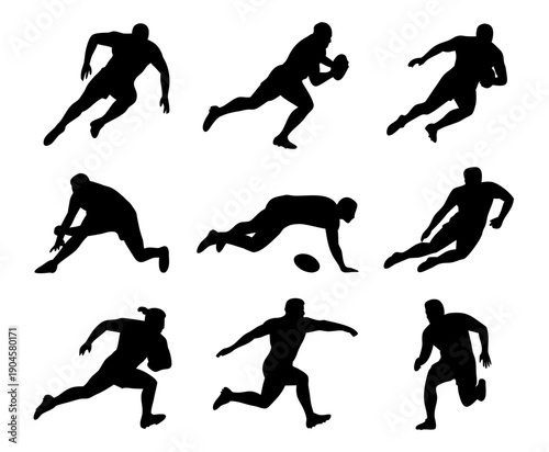 Black silhouette set of rugby players in action poses, running with ball, tackling, passing silhouette set