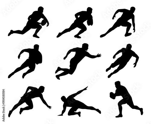 Black silhouette set of rugby players in action poses, running with ball, tackling, passing silhouette set