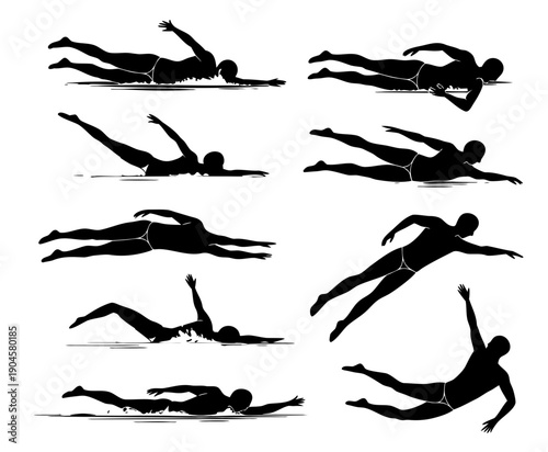Black silhouette set of swimmers in action poses,freestyle, butterfly, backstroke silhouette set