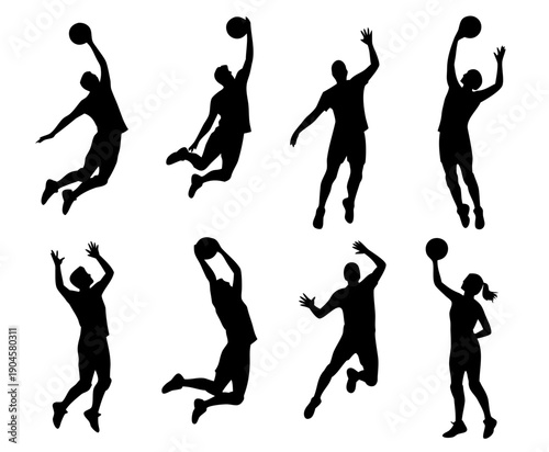 Black silhouette set of volleyball players in action poses, jumping, serving, spiking, blocking silhouette set
