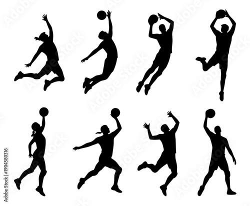 Black silhouette set of volleyball players in action poses, jumping, serving, spiking, blocking silhouette set