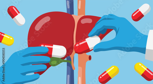 Liver health. Medical treatment. Pills and capsules. Doctor's hands. Medical research.