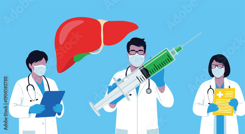 Liver Treatment. Medical Doctors. Flat Vector Illustration. Healthcare Concept.