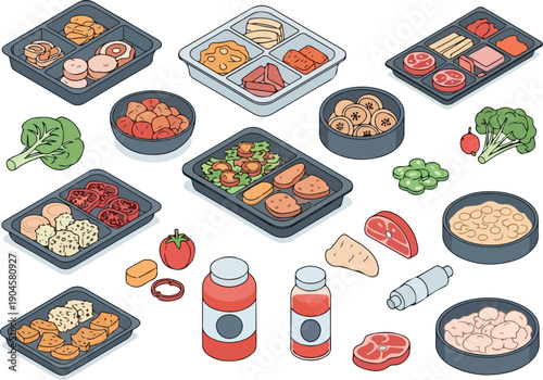 Collection of pre-portioned meal ingredients and food items in trays and containers, illustrating convenience and variety in meal preparation